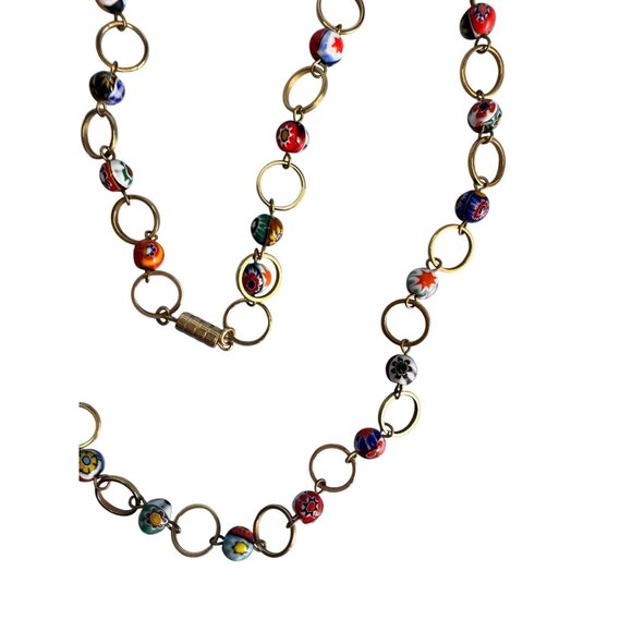 Murano Millefiori Glass Bead Necklace Goldtone Chain Handmade Italian Jewelry - Picture 5 of 5